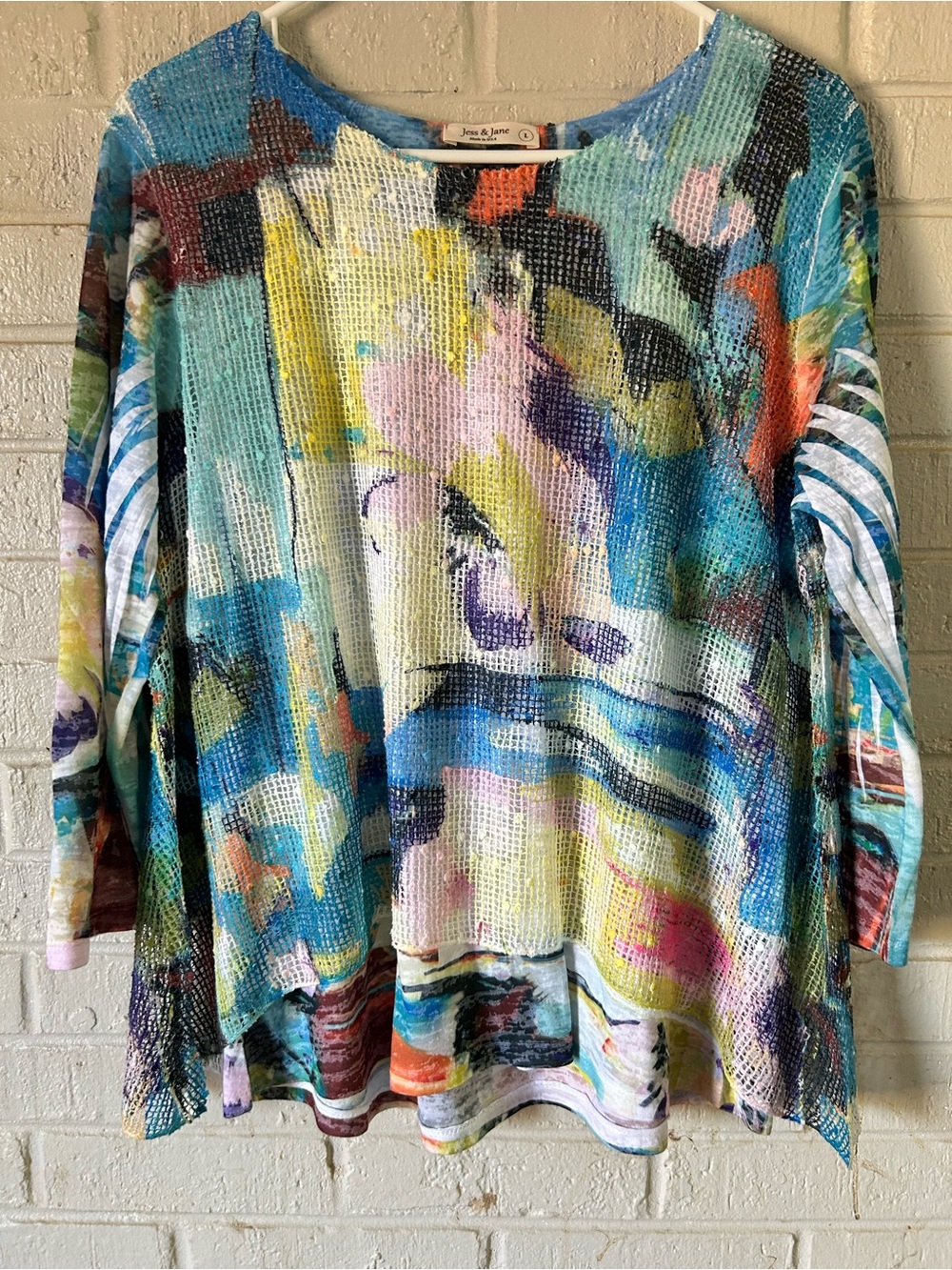 Jess & Jane Ocean Park Mesh Overlay Tunic Top Large Artsy Abstract Made In USA